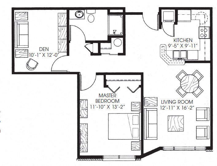 Floor plan for 1 bed, 1 bath, 899 sqft
